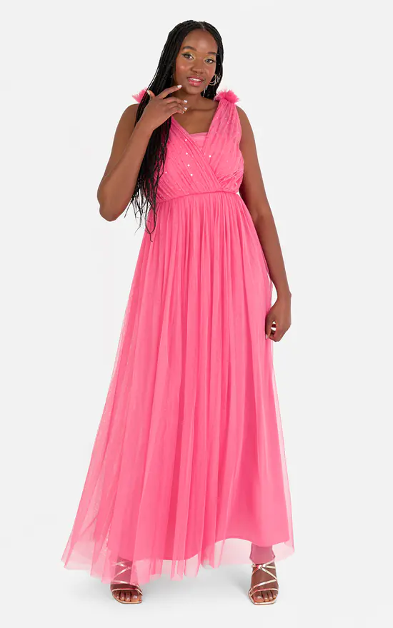 Hot Pink Ruffle Shoulder Maxi Dress SilkFred - Main Image