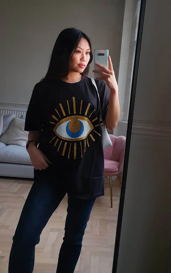 Evil Eye Slogan Logo Oversized Tee - Black by GIGILAND UK