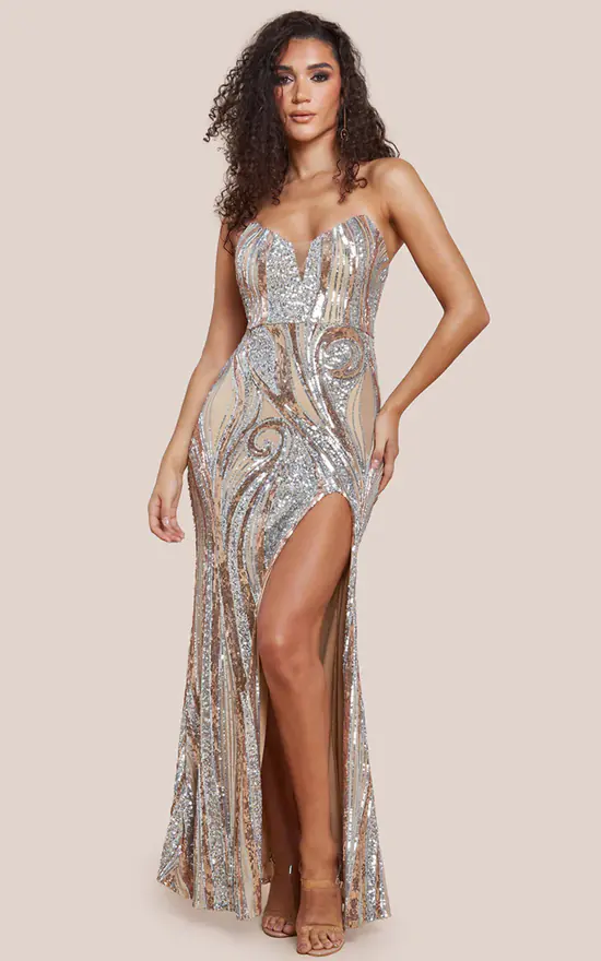 Strapless Multi Sequin Maxi Dress In Champagne Goddiva SilkFred