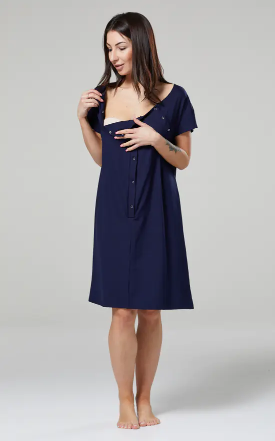 Maternity Nursing Delivery Hospital Gown Nightshirt In Navy