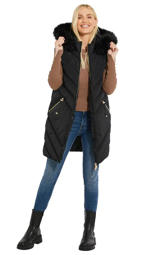 Black Padded Sleeveless Hooded Gilet Jacket SilkFred