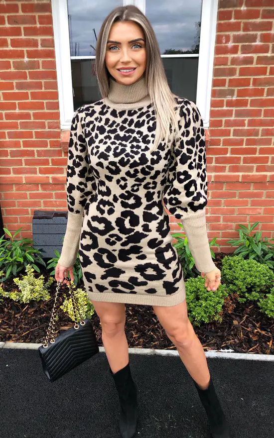 Knitted Dresses Leopard Turtleneck Dress Leopard Jacquard Roll