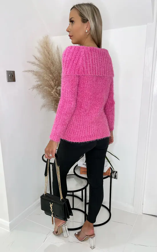 Hot Pink Wide Roll Neck Long Sleeve Fluffy Knitted Jumper AX
