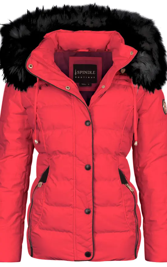 Parka Jacket Women's Short Puffer Coat With Fur Hood Red