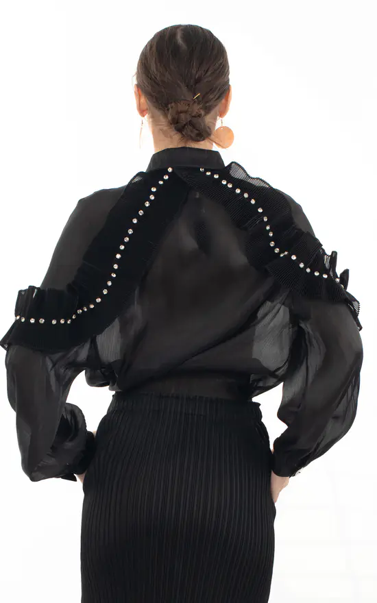 Pleated Ruffles With Multi Dimoned Stone Embellished Slee... | CY ...