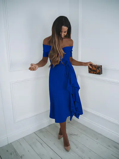 Cobalt Blue Blue Bardot Dress Uk Mid Length High Low Dress With