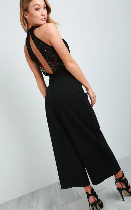 High Neck Asos Backless Jumpsuit Sara Sequin Halterneck Culotte