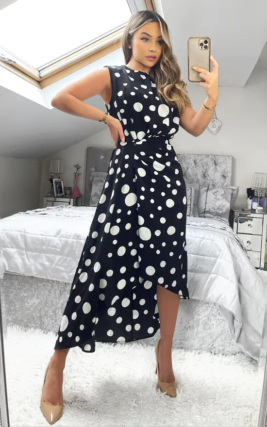 Black White Polka Dot Midi Dress SilkFred - Main Image