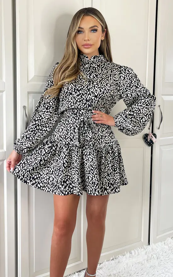 Ax Paris Leopard Print Long Sleeve Mini Dress Black And White