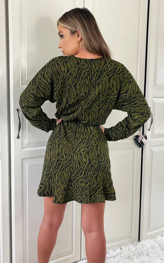 Ax Paris Green Green And Black Tiger Print Dress Khaki Animal