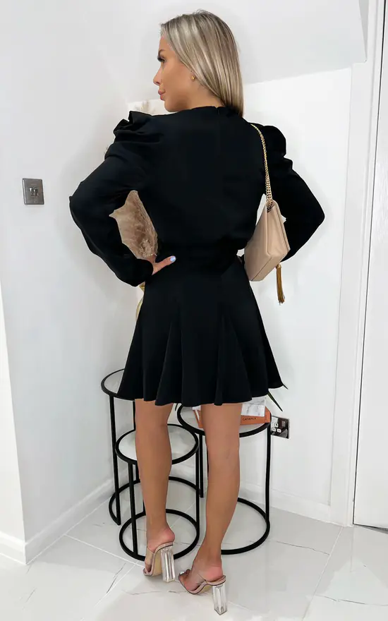 Black Long Sleeve Tie Waist Skater Dress AX Paris SilkFred