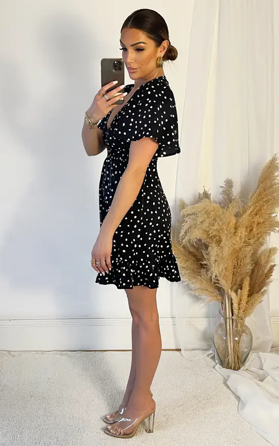 Black And White Polka Dot Print Wrap Top Frill Hem Dress AX