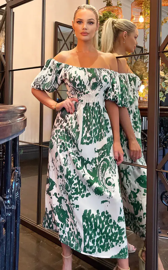 Cream Green Elasticated Bardot Midi Dress SilkFred