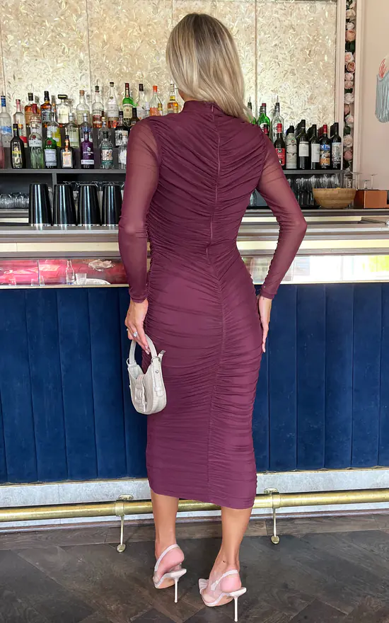 Plum High-Neck Ruched Mesh Bodycon Dress SilkFred