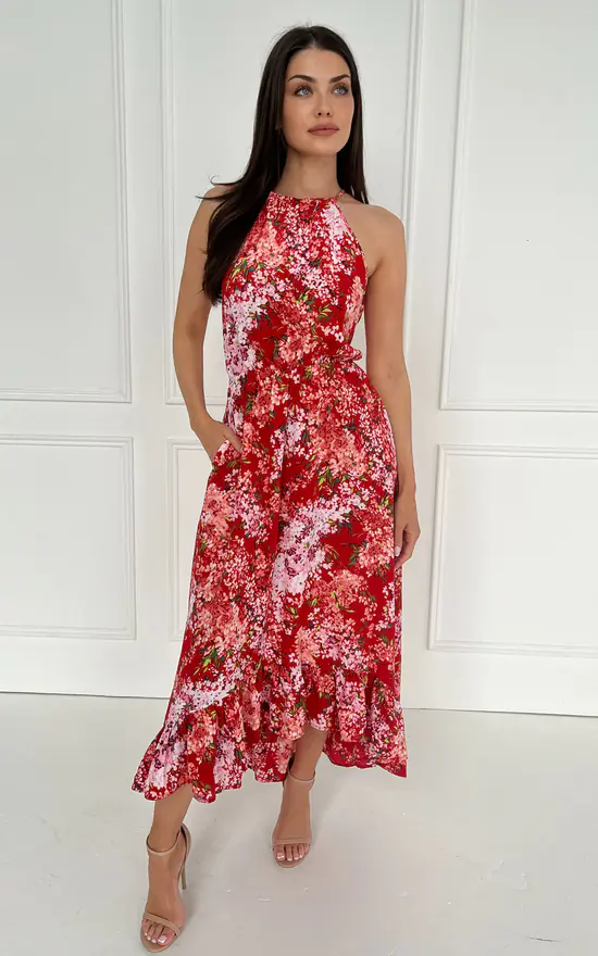 Red Floral Printed Frill Hem High Neck Midi Dress AX Paris
