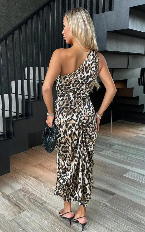 Multi Leopard Print One Shoulder Midi Dress SilkFred