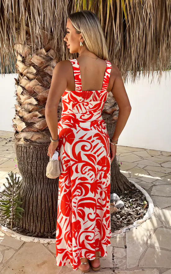 Orange And White Tropical Print Shirred Straps Button AX