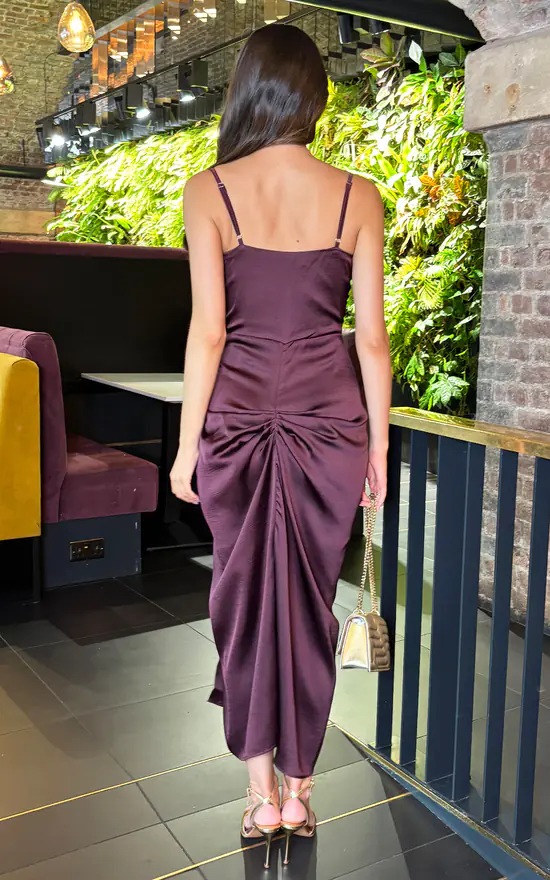 Dark Plum Satin Cowl Neck Knot Skirt Midi Dress AX Paris SilkFred