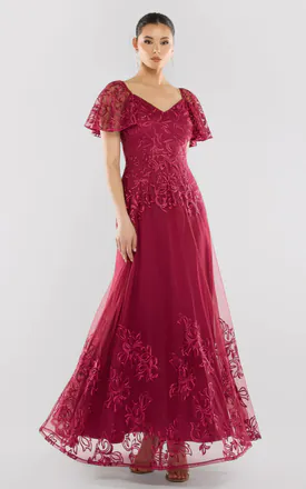 Lace Flutter Sleeve Embroidered Mesh A Line Maxi Dress In