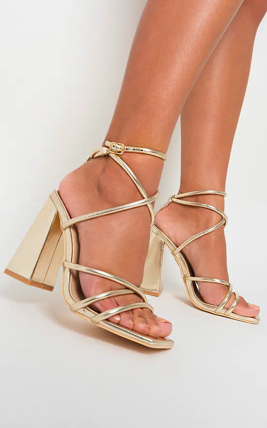 Gold Strappy Ankle Block Heeled Sandals SilkFred