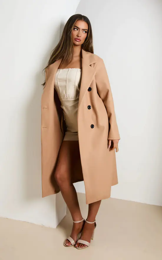 Mocha Double Breasted Belted Trench Coat SilkFred