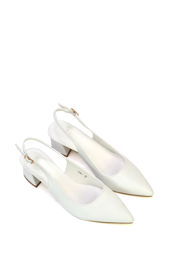 Devon Slingback Low Block Heel Shoes In White Synthetic L | XY London | SilkFred US
