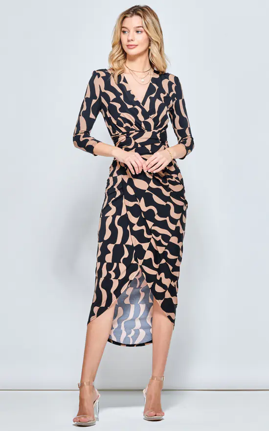 Drape Front Plunge Bodycon Maxi Dress, Brown Pattern JOLIE MOI