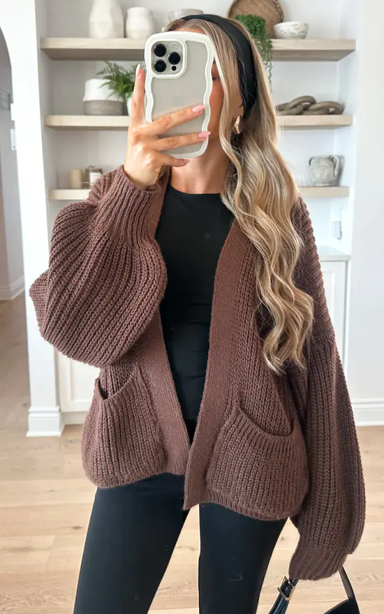 Choco Brown Balloon Sleeve Pocket Cardigan SilkFred