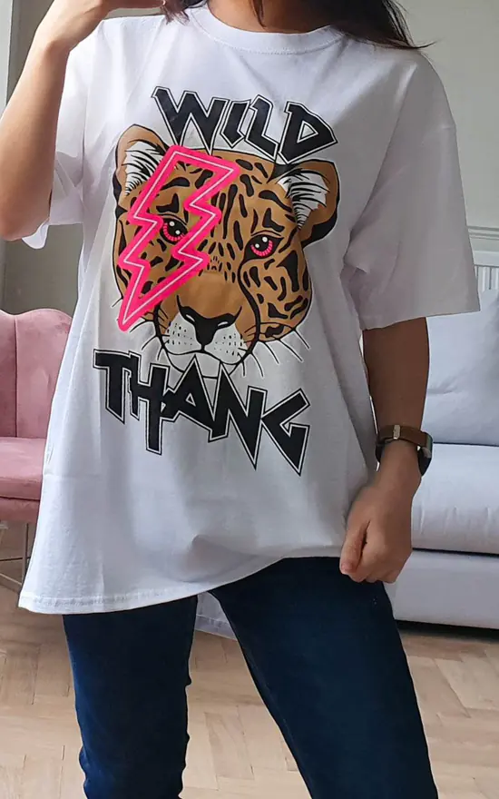 Wild Thang Slogan Tiger Oversized Tee - White by GIGILAND UK