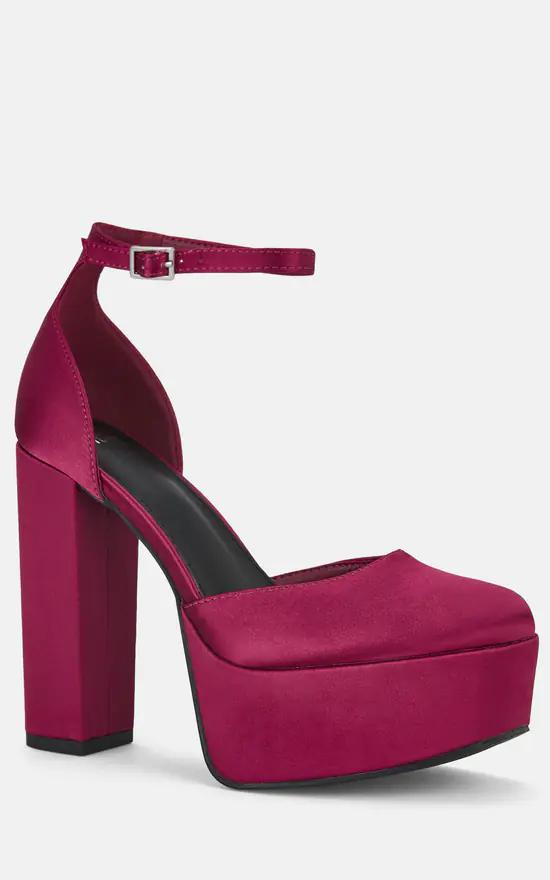 Burgundy Satin Block Heel Ankle Strap Platforms SilkFred