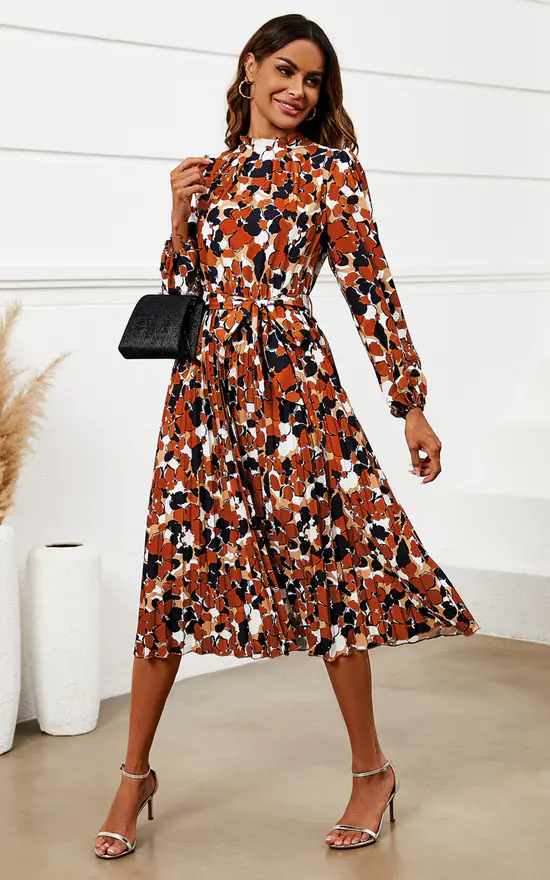 Red Floral High Neck Long Sleeve Pleated Dress SilkFred AU