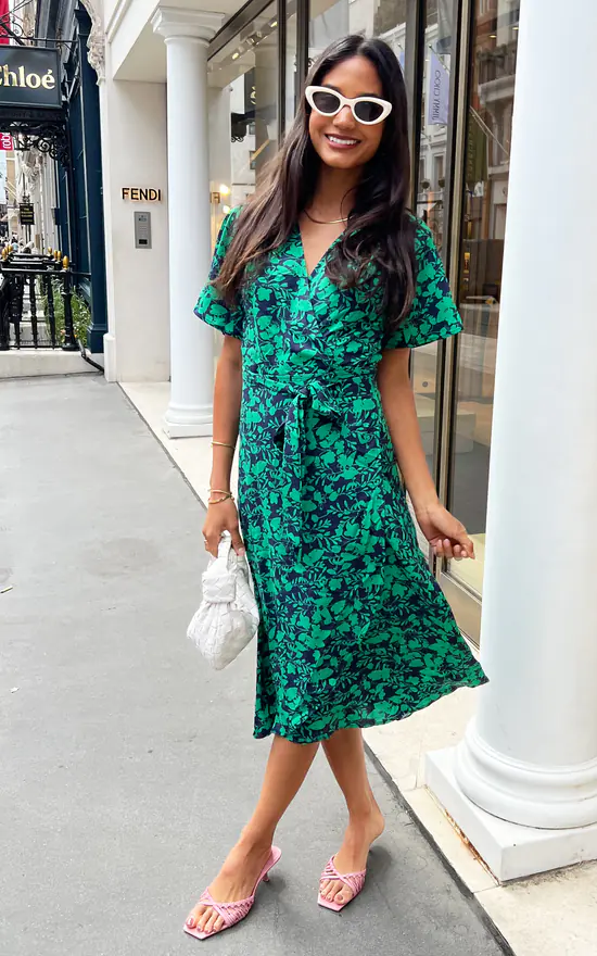 V Neck Green Floral Midi Wrap Dress In Black SilkFred