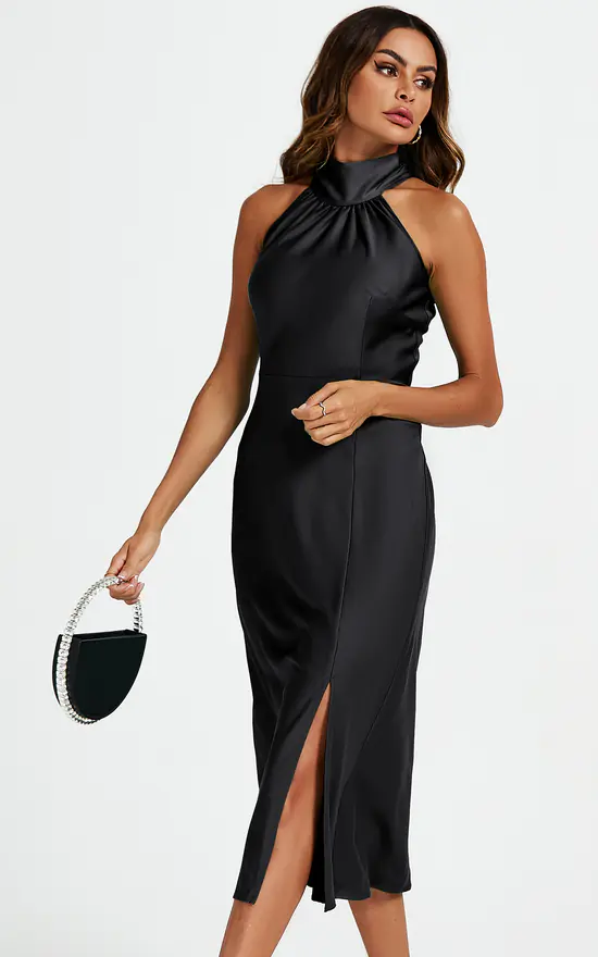 Neck Dress Black Tie Halter Dress Leely Women Black Formal Dress