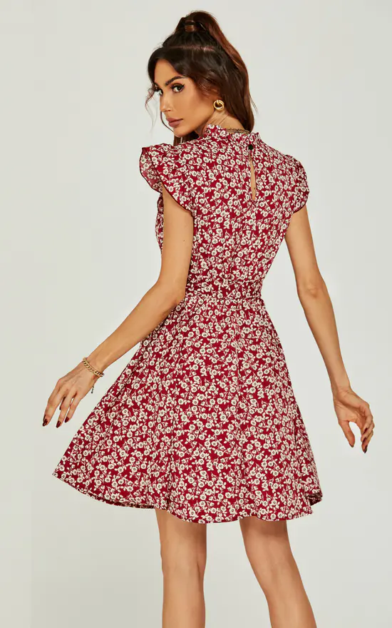 Skater Dress Red Dress With White Flowers Summer Floral Print