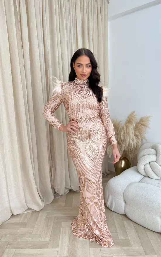 Long Sleeve High Neck Embellished Maxi Dress Rose Gold Sequin
