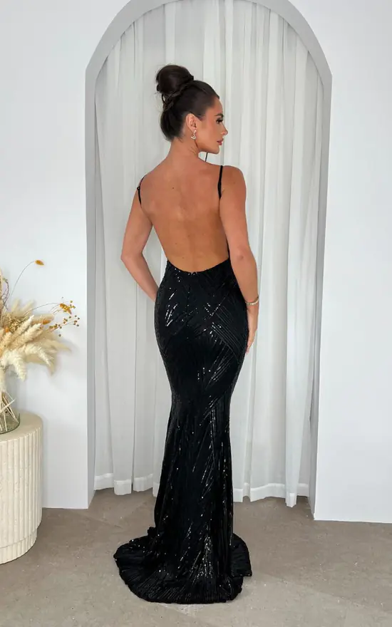 Black Luxury Sequin Backless Hourglass Mermaid Fishtail M