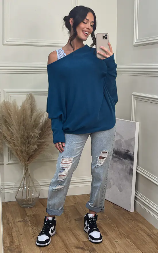 Oversize Petrol Blue Asymmetric Knitted Jumper SilkFred