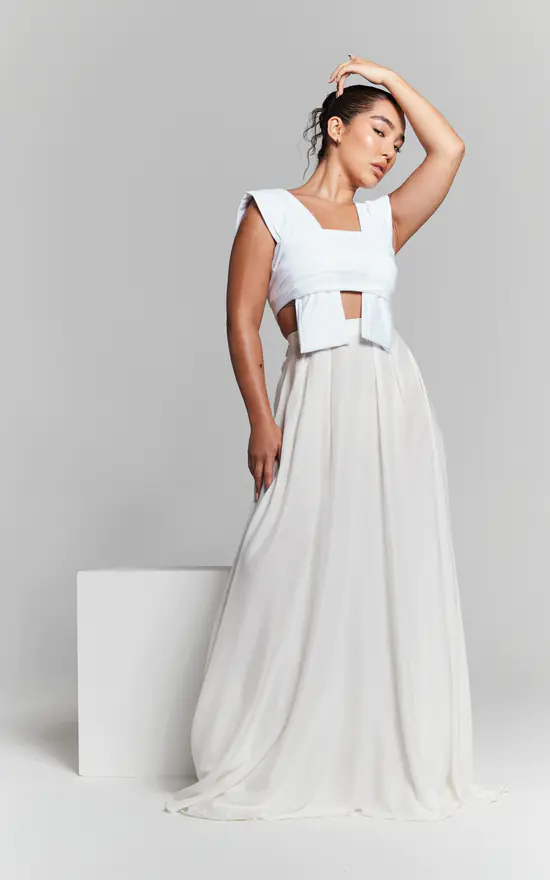 Ivory Pleated Flared Maxi Skirt InFlair SilkFred