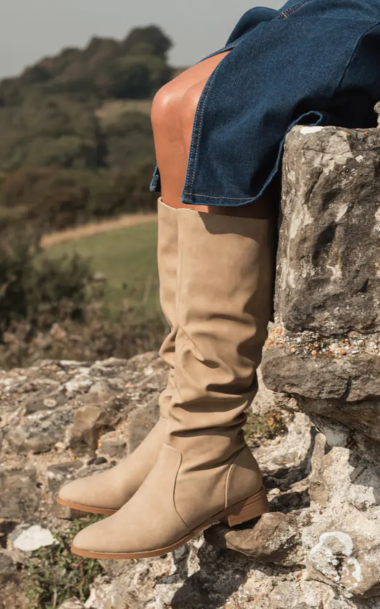 Ruched Boots Knee High Suede Boots Flat Women's Ruched Knee High