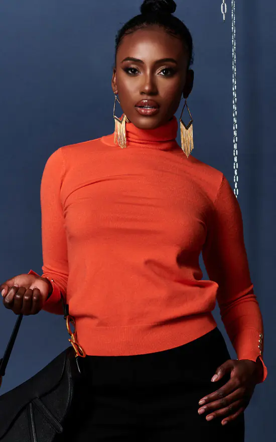 Turtleneck Fine Knit Fitted Jumper, Orange JOLIE MOI SilkFred