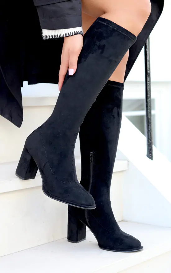 Black Stretch Suede Block Heel Knee-High Boots SilkFred