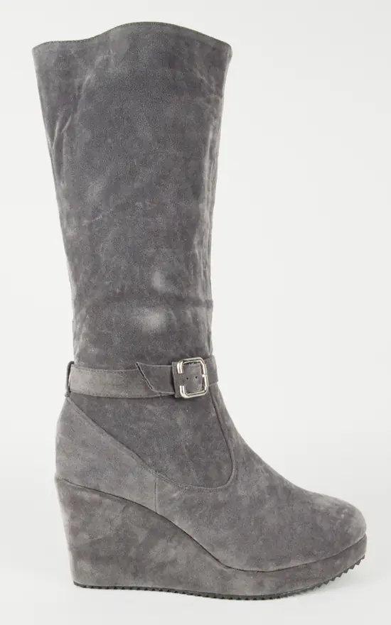 Grey Suede Wedge Heel Boots With Buckle | SilkFred