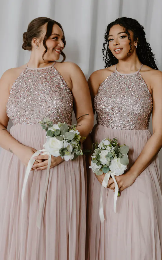 Pink Embellished Halter Bridesmaid Maxi Dress SilkFred