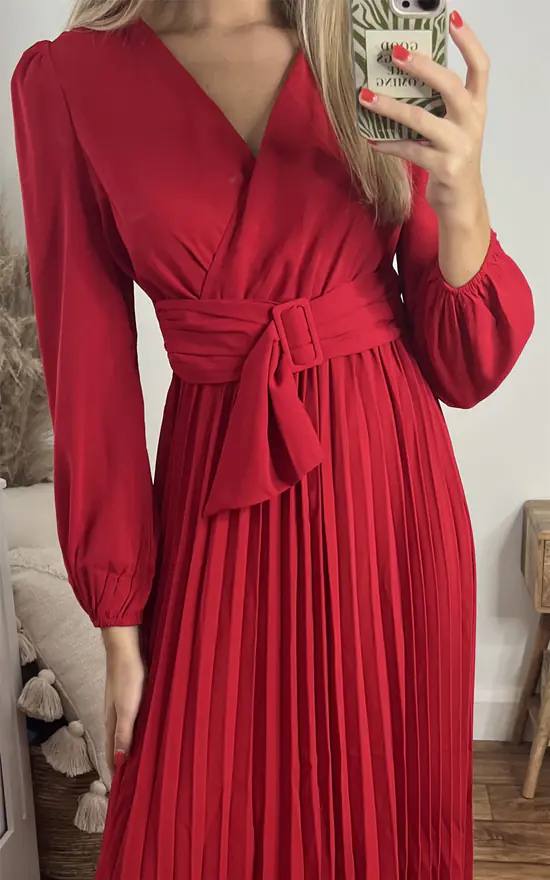 Red Long Sleeve Pleated Midi Dress by Miss Floral