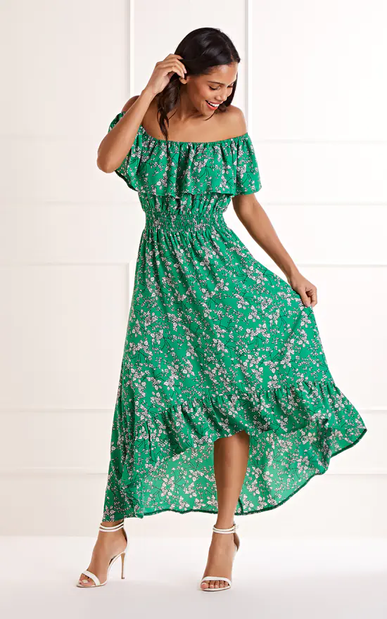 Green Ditsy Print Bardot Dipped Hem Dress Yumi SilkFred