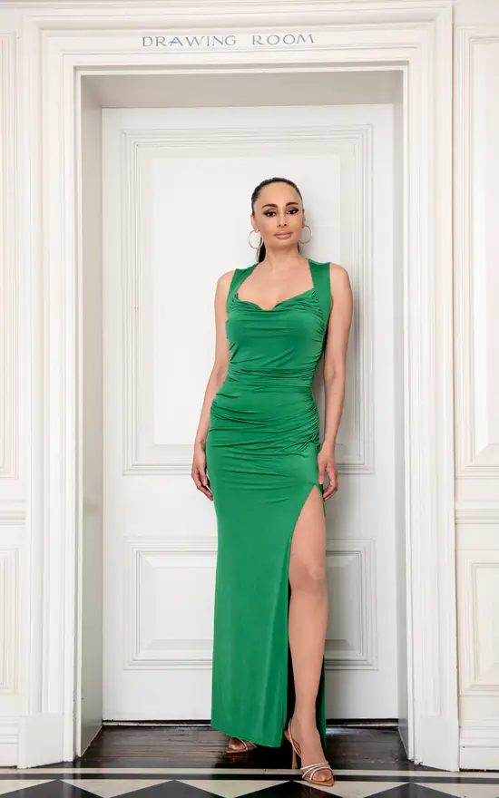 Amari Cowl Neck Split Leg Ruched Dress In Emerald Green
