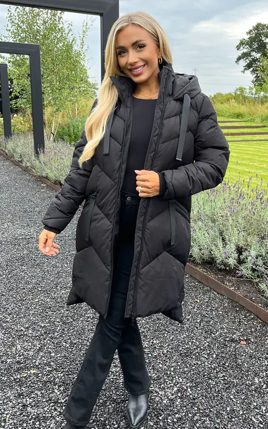 Black Hooded Long Line Puffer Coat AX Paris SilkFred