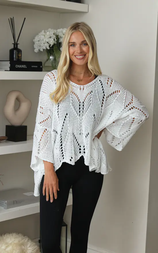 White Crochet Knit Relaxed Fit Jumper SilkFred - Main Image