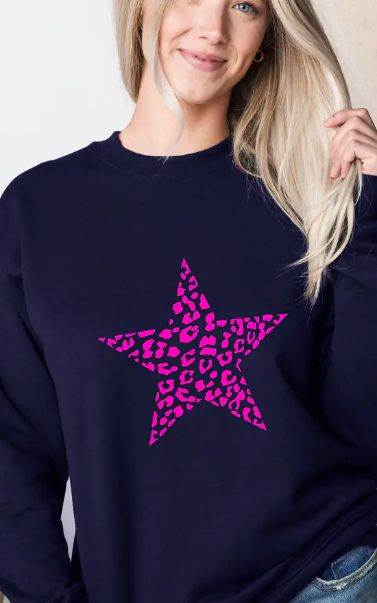 Neon Pink Leopard Print Star Navy Sweatshirt SilkFred
