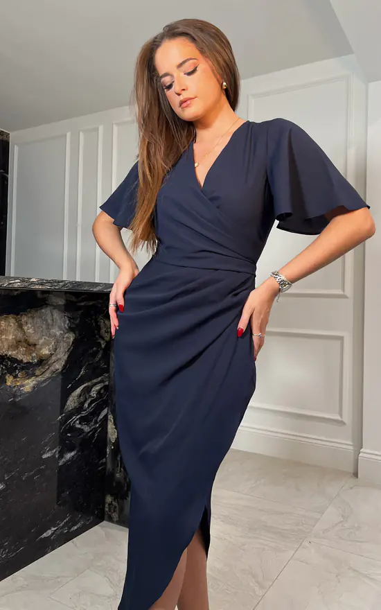 Natasha Navy Angel Sleeve Wrap Midi Dress | SilkFred US